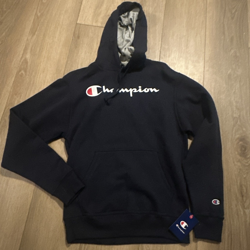 Champion Men's‎ Blue Logo Hoodie Sweatshirt Small Pocket Sports Comfort NEW